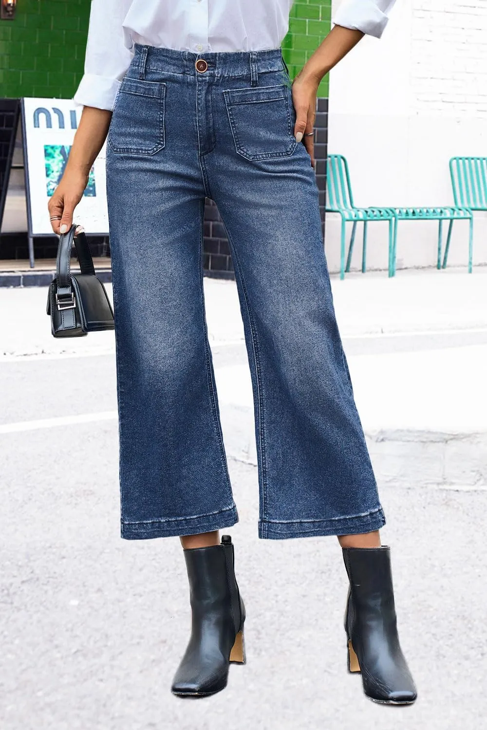 Womens Cropped High Waist Wide-Leg Baggy Jeans Stretchy Straight Leg Flared Jeans Trendy Denim Pants