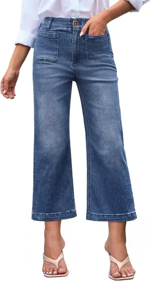 Womens Cropped High Waist Wide-Leg Baggy Jeans Stretchy Straight Leg Flared Jeans Trendy Denim Pants