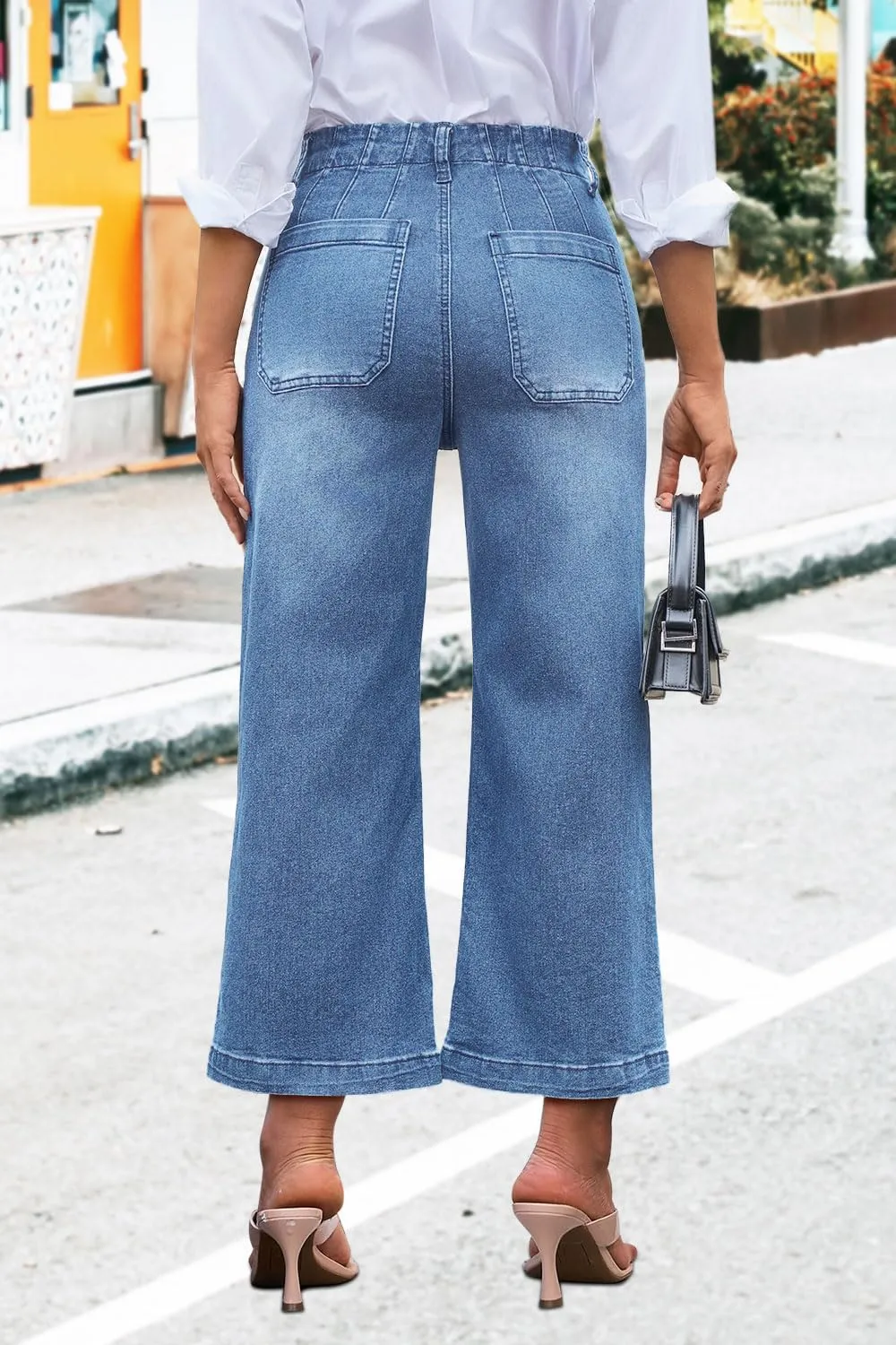 Womens Cropped High Waist Wide-Leg Baggy Jeans Stretchy Straight Leg Flared Jeans Trendy Denim Pants