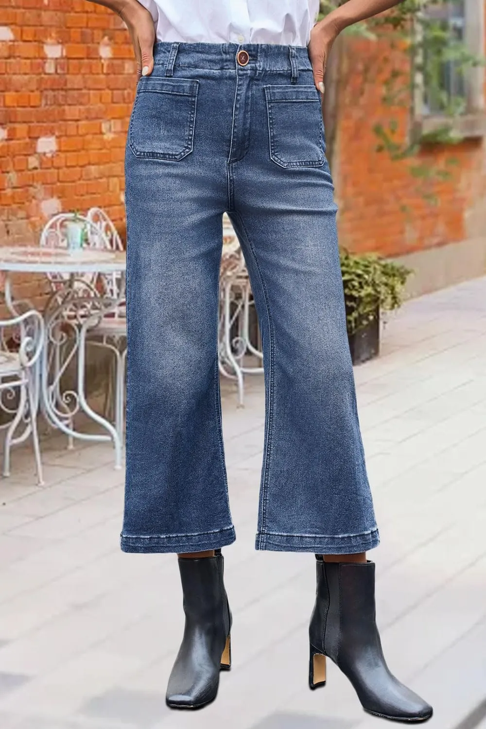 Womens Cropped High Waist Wide-Leg Baggy Jeans Stretchy Straight Leg Flared Jeans Trendy Denim Pants