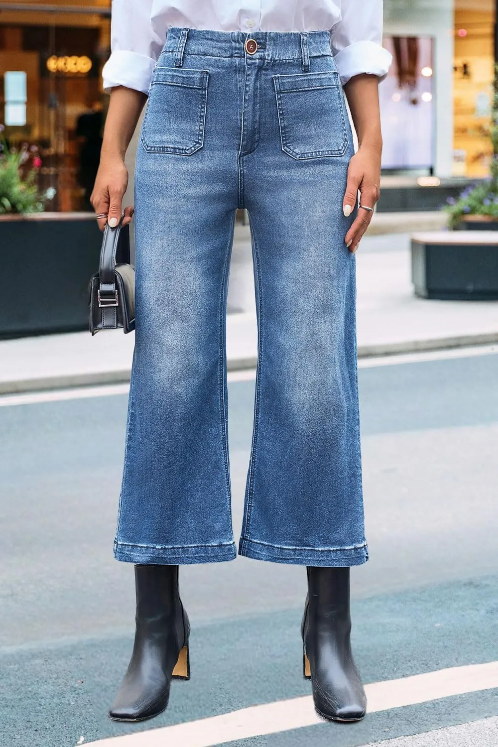 Womens Cropped High Waist Wide-Leg Baggy Jeans Stretchy Straight Leg Flared Jeans Trendy Denim Pants