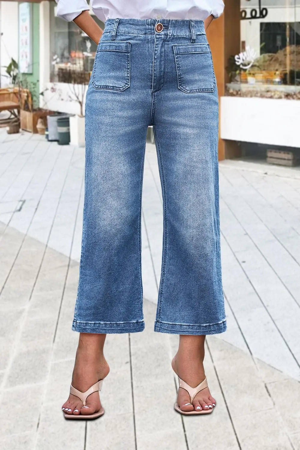 Womens Cropped High Waist Wide-Leg Baggy Jeans Stretchy Straight Leg Flared Jeans Trendy Denim Pants
