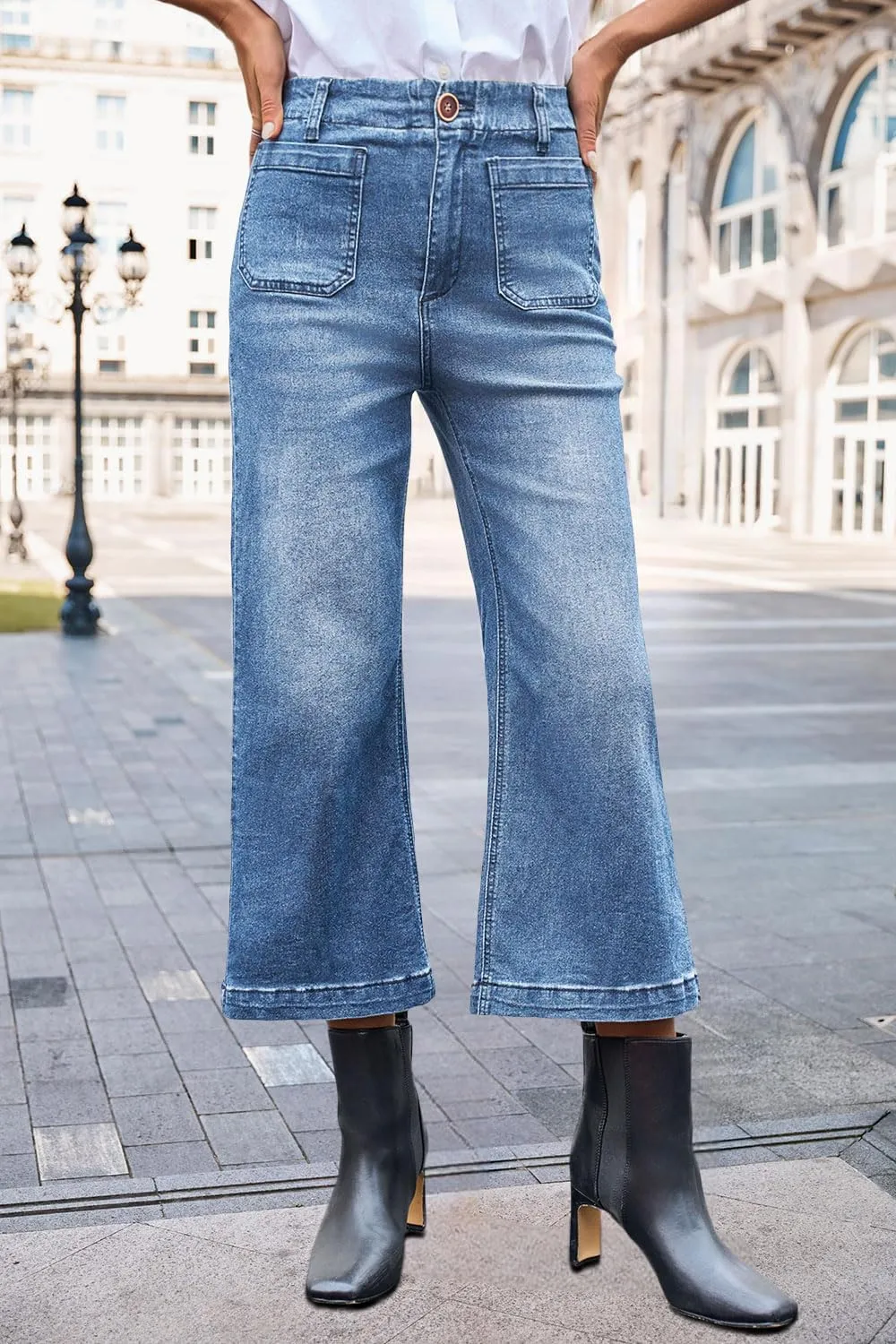 Womens Cropped High Waist Wide-Leg Baggy Jeans Stretchy Straight Leg Flared Jeans Trendy Denim Pants