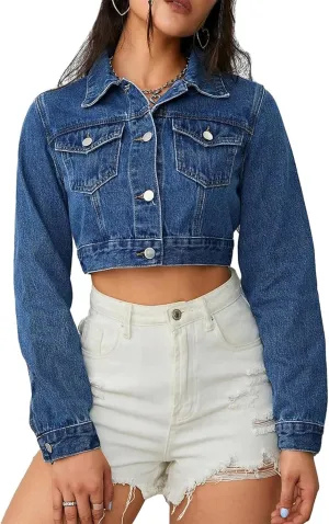 Women's Denim Jackets Cropped Jean Jacket Long Sleeve Casual Button Down Crop Jean Jacket