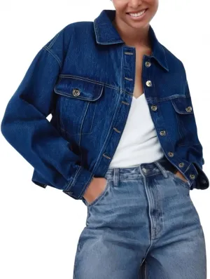 Women's Denim Jackets Vintage Washed Button Up Cropped Oversized Jean Jacket with Pockets