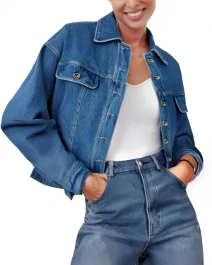 Women's Denim Jackets Vintage Washed Button Up Cropped Oversized Jean Jacket with Pockets