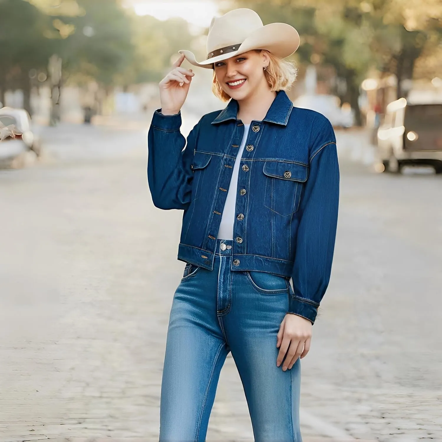 Women's Denim Jackets Vintage Washed Button Up Cropped Oversized Jean Jacket with Pockets