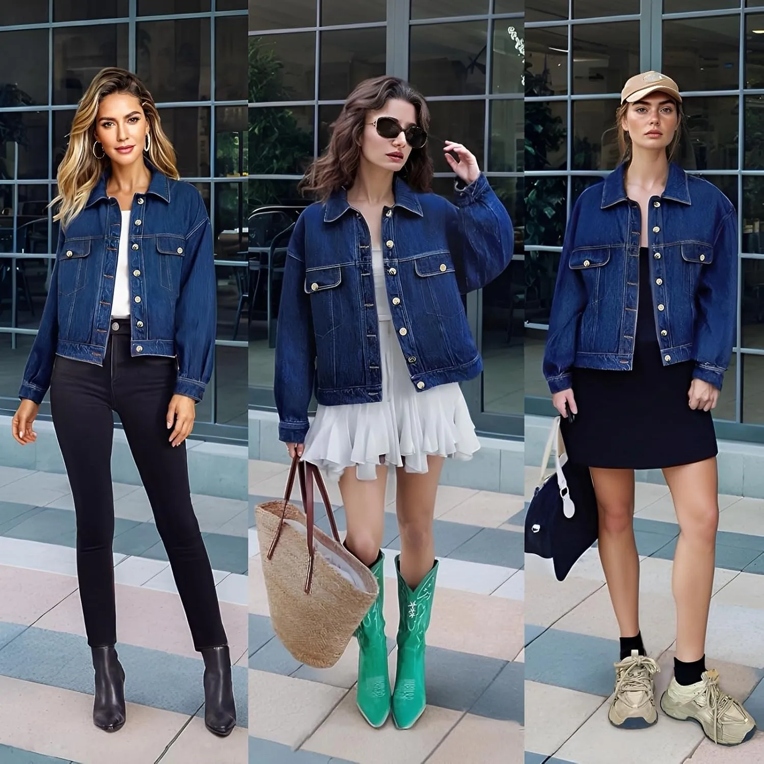 Women's Denim Jackets Vintage Washed Button Up Cropped Oversized Jean Jacket with Pockets