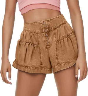 Womens Denim Shorts Summer Baggy High Waisted Flowy Wide Leg Buttons Pleated Casual Jean Shorts Fashion Ruffle Skorts