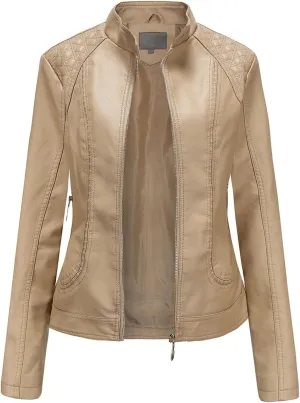 Womens Faux Leather Jackets, Long Sleeve Zipper Slim Motorcycle Jacket, Casual Open Front PU Coat Outwear (Color : Gold, Size : X-Large)
