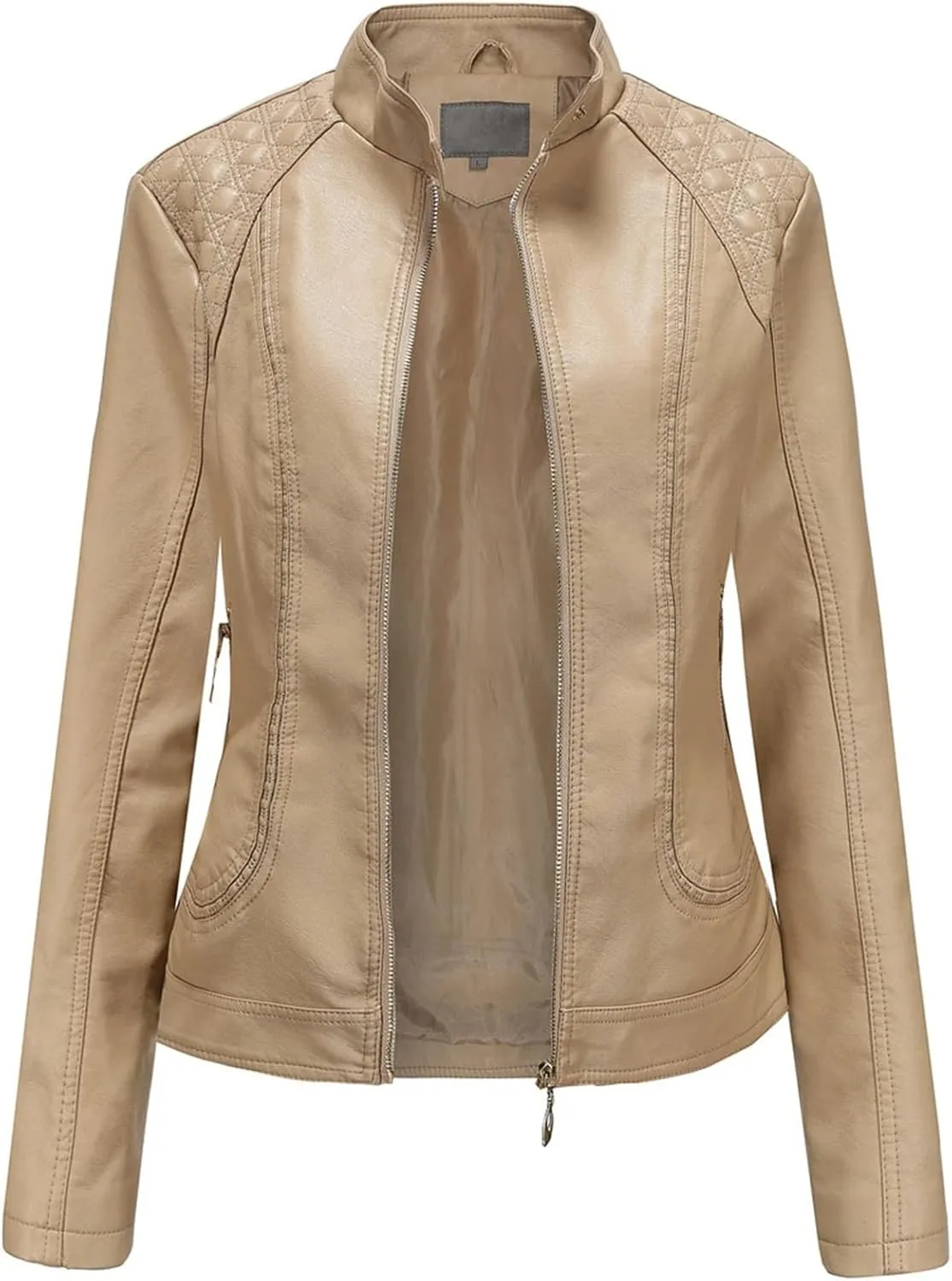Womens Faux Leather Jackets, Long Sleeve Zipper Slim Motorcycle Jacket, Casual Open Front PU Coat Outwear (Color : Gold, Size : X-Large)