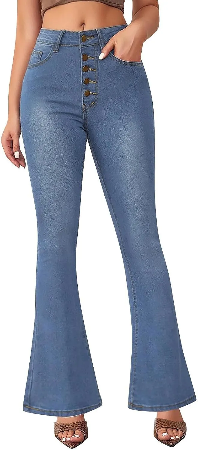 Womens Flare Jeans Wide Leg Slimming Bell Bottom Jeans Y2K Bootcut Pockets Dress Pants High Waisted