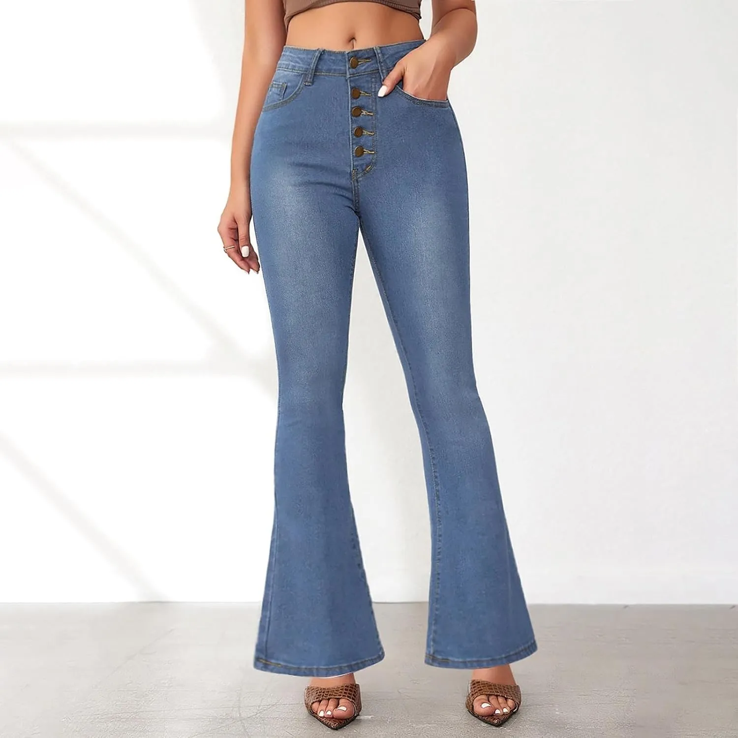 Womens Flare Jeans Wide Leg Slimming Bell Bottom Jeans Y2K Bootcut Pockets Dress Pants High Waisted