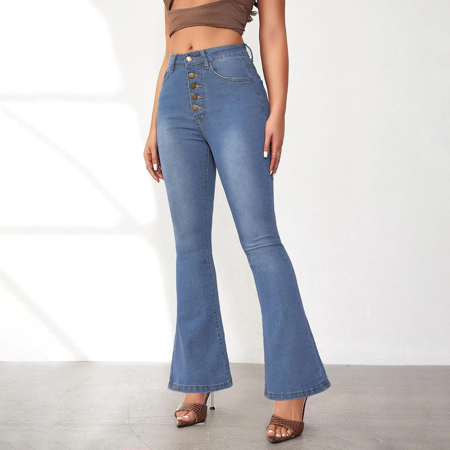 Womens Flare Jeans Wide Leg Slimming Bell Bottom Jeans Y2K Bootcut Pockets Dress Pants High Waisted