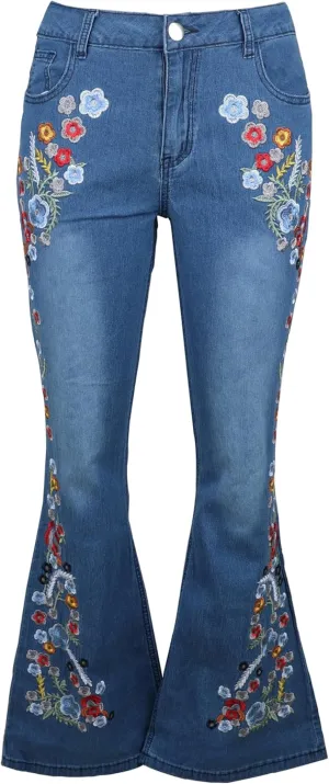 Womens Floral Embroidered Flared Jeans Bell Bottom Jeans Stretchy Denim Pants Casual Trousers