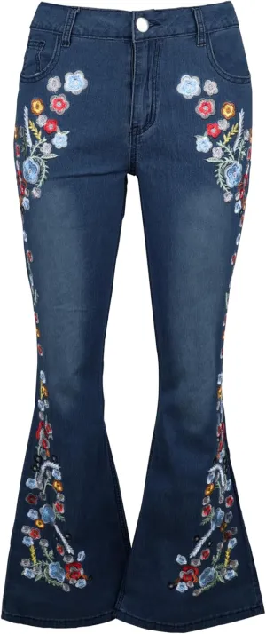 Womens Floral Embroidered Flared Jeans Bell Bottom Jeans Stretchy Denim Pants Casual Trousers