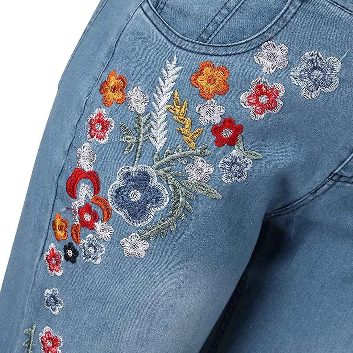 Womens Floral Embroidered Flared Jeans Bell Bottom Jeans Stretchy Denim Pants Casual Trousers