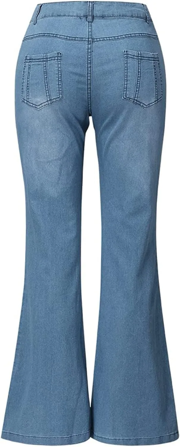 Womens Floral Embroidered Flared Jeans Bell Bottom Jeans Stretchy Denim Pants Casual Trousers