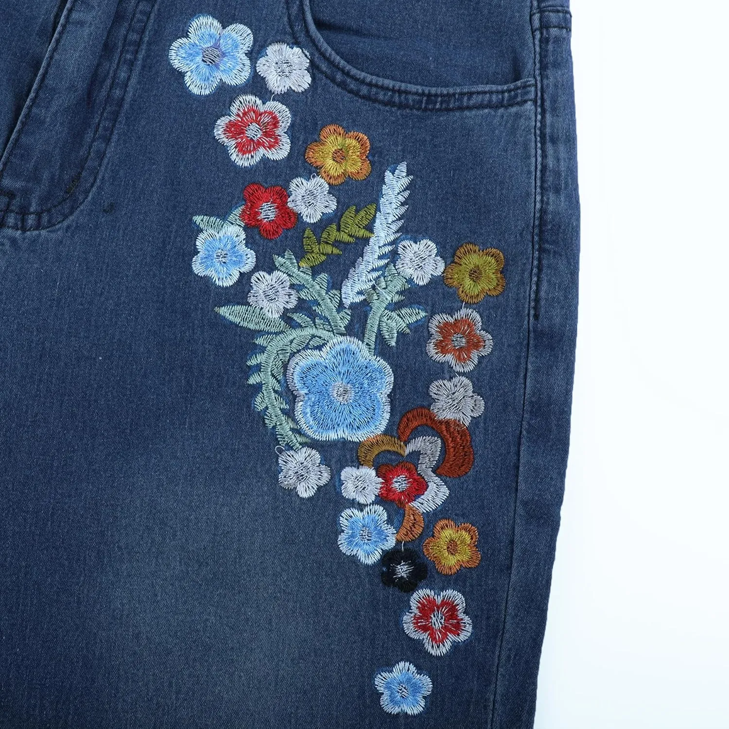 Womens Floral Embroidered Flared Jeans Bell Bottom Jeans Stretchy Denim Pants Casual Trousers