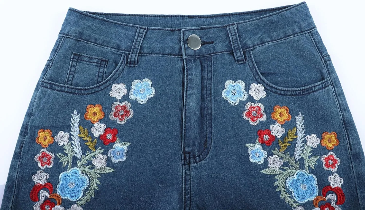 Womens Floral Embroidered Flared Jeans Bell Bottom Jeans Stretchy Denim Pants Casual Trousers