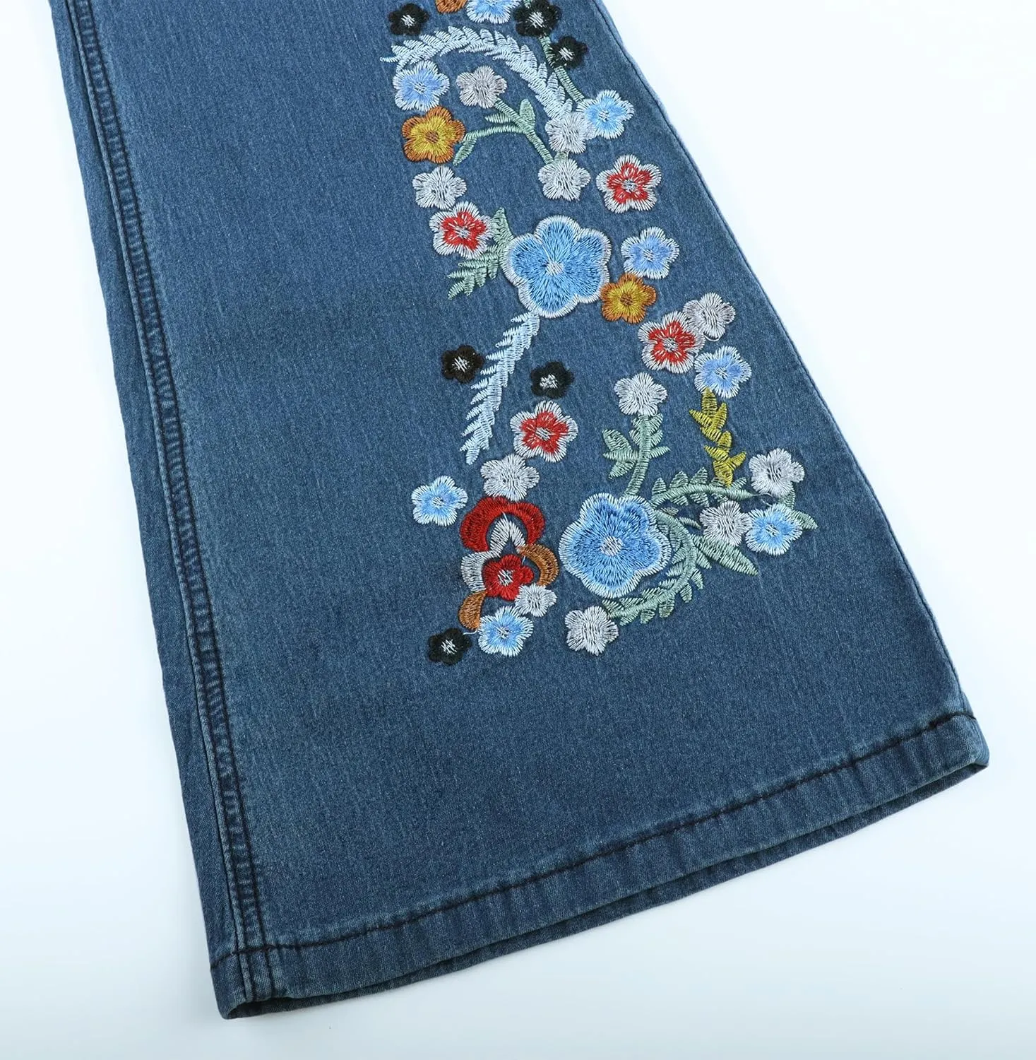 Womens Floral Embroidered Flared Jeans Bell Bottom Jeans Stretchy Denim Pants Casual Trousers