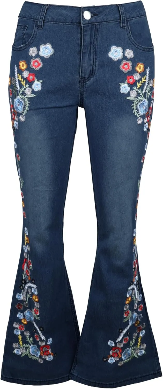 Womens Floral Embroidered Flared Jeans Bell Bottom Jeans Stretchy Denim Pants Casual Trousers