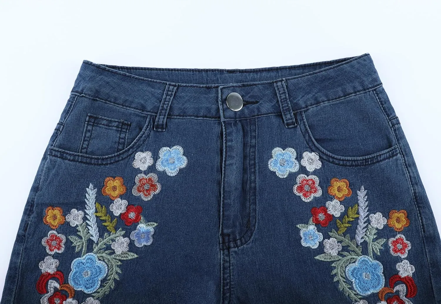 Womens Floral Embroidered Flared Jeans Bell Bottom Jeans Stretchy Denim Pants Casual Trousers