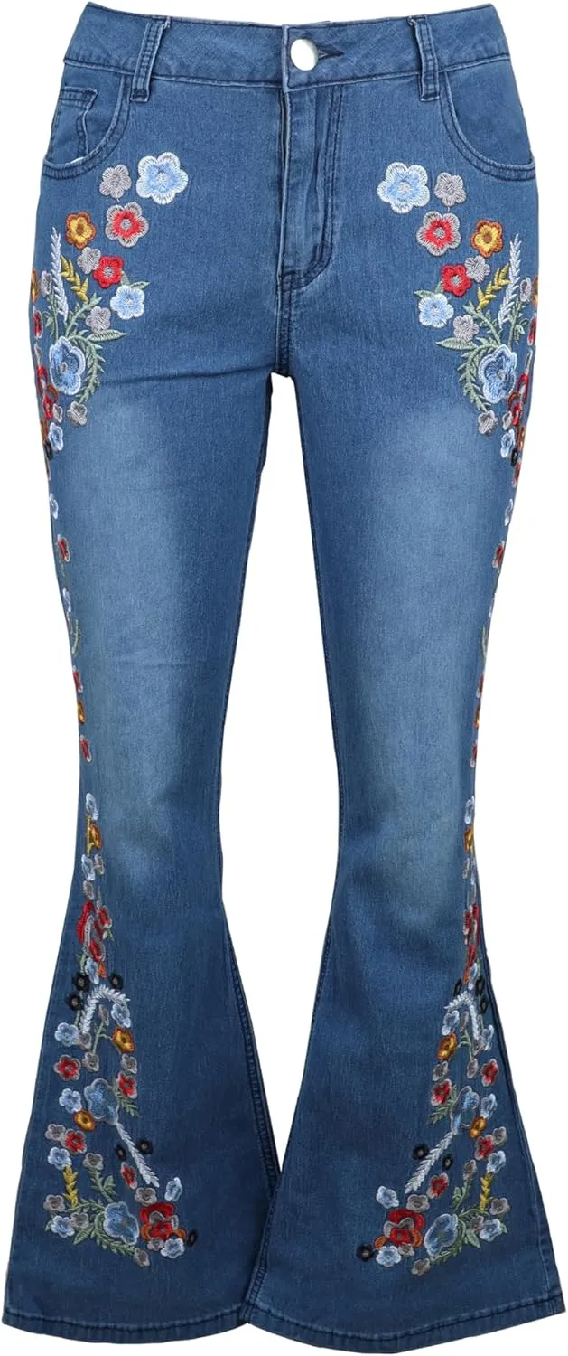 Womens Floral Embroidered Flared Jeans Bell Bottom Jeans Stretchy Denim Pants Casual Trousers