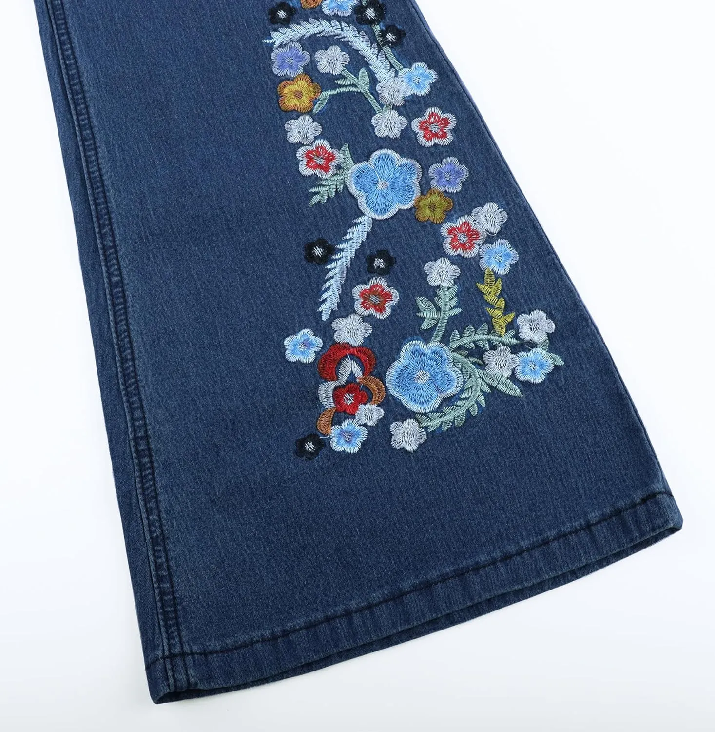Womens Floral Embroidered Flared Jeans Bell Bottom Jeans Stretchy Denim Pants Casual Trousers