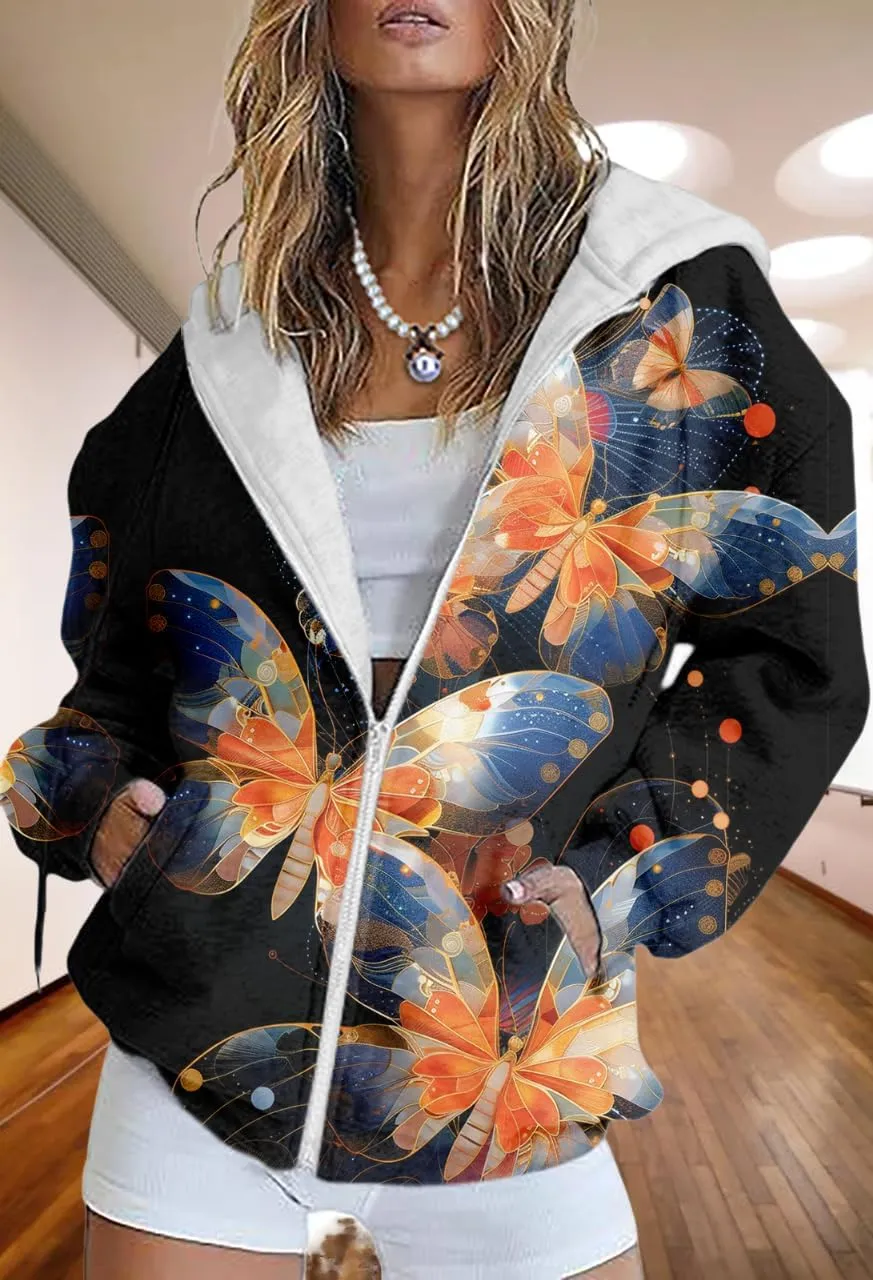 Women's Floral Print Hoodie Zip Up Long Sleeve Hoodies Women Oversized Graphic Sweatshirts Jackets Zipper 2024