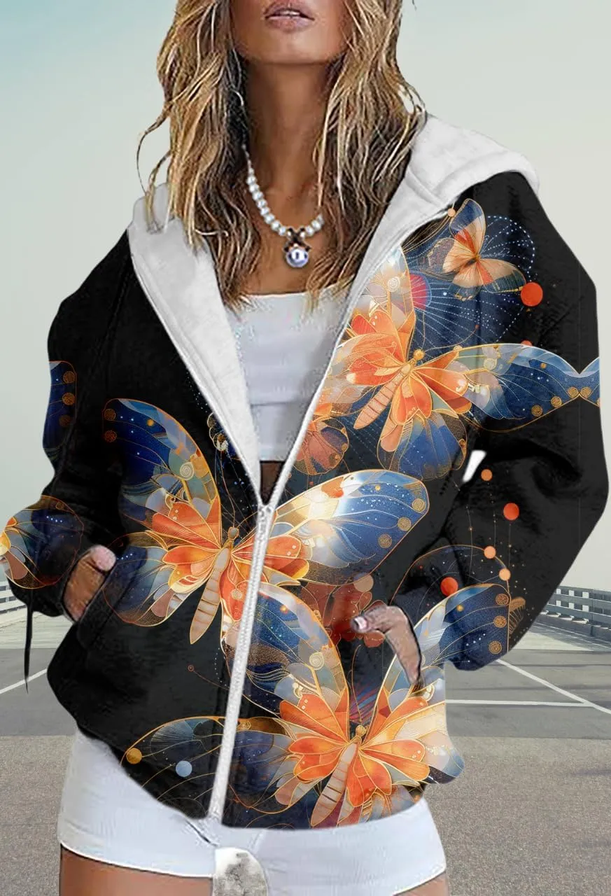 Women's Floral Print Hoodie Zip Up Long Sleeve Hoodies Women Oversized Graphic Sweatshirts Jackets Zipper 2024