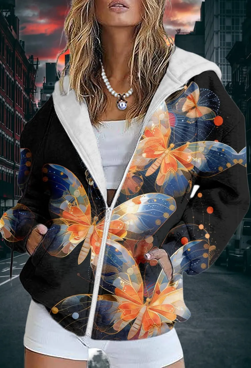 Women's Floral Print Hoodie Zip Up Long Sleeve Hoodies Women Oversized Graphic Sweatshirts Jackets Zipper 2024
