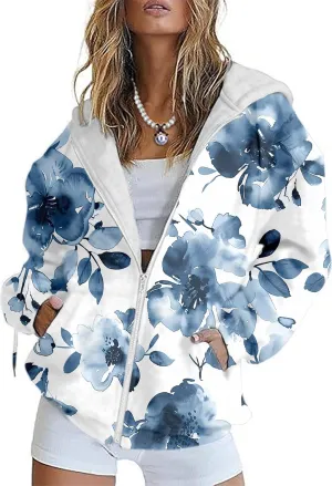 Women's Floral Print Hoodie Zip Up Long Sleeve Hoodies Women Oversized Graphic Sweatshirts Jackets Zipper 2024