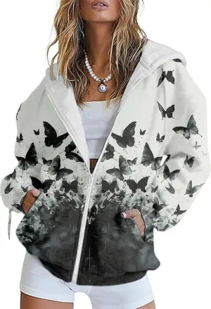 Women's Floral Print Hoodie Zip Up Long Sleeve Hoodies Women Oversized Graphic Sweatshirts Jackets Zipper 2024