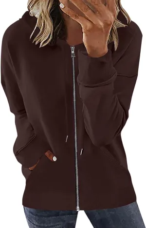 Womens Full Zip Up Hoodies Trendy 2023 Lightweight Fall Jackets Long Sleeve Solid Tunic Tops Hooded Zipper Sweatshirts