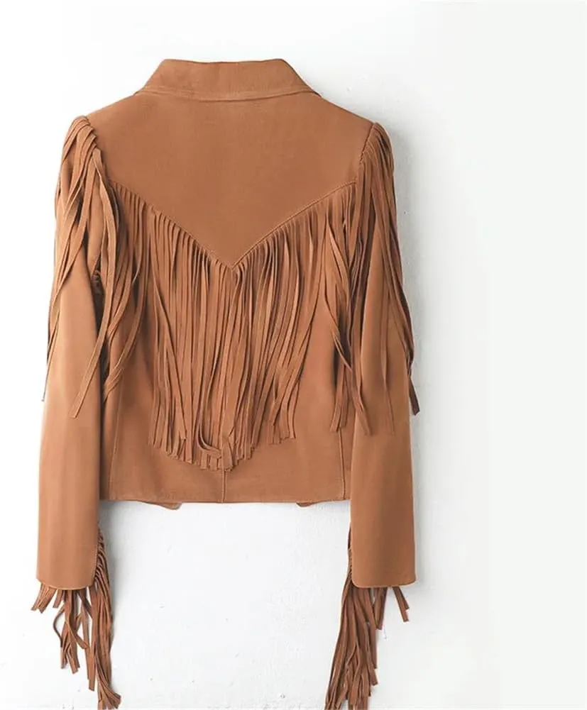 Womens Genuine Leather Short Jackets Lambskin Suede Fringed Tassel Lace Up Short Motorcycle Jackets