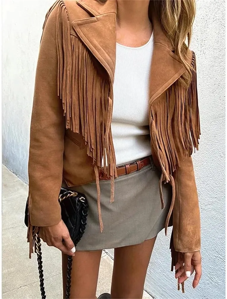 Womens Genuine Leather Short Jackets Lambskin Suede Fringed Tassel Lace Up Short Motorcycle Jackets