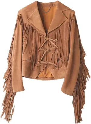 Womens Genuine Leather Short Jackets Lambskin Suede Fringed Tassel Lace Up Short Motorcycle Jackets