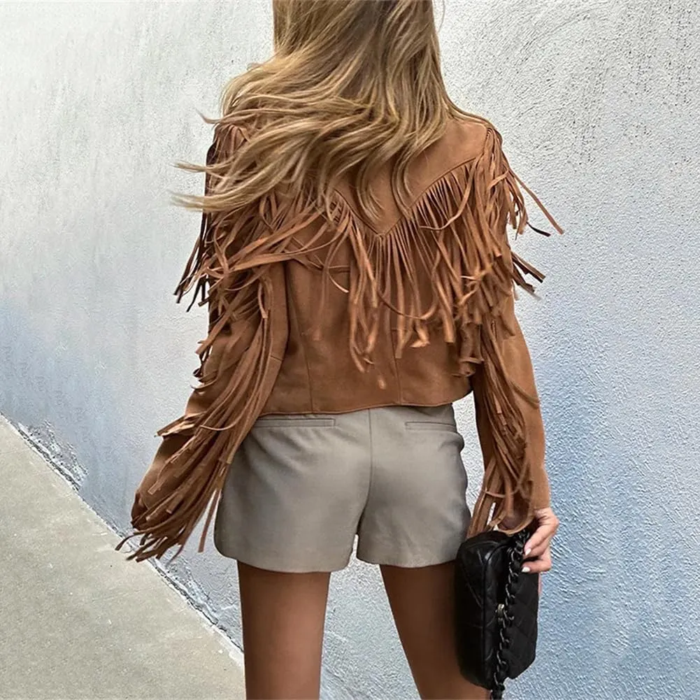 Womens Genuine Leather Short Jackets Lambskin Suede Fringed Tassel Lace Up Short Motorcycle Jackets