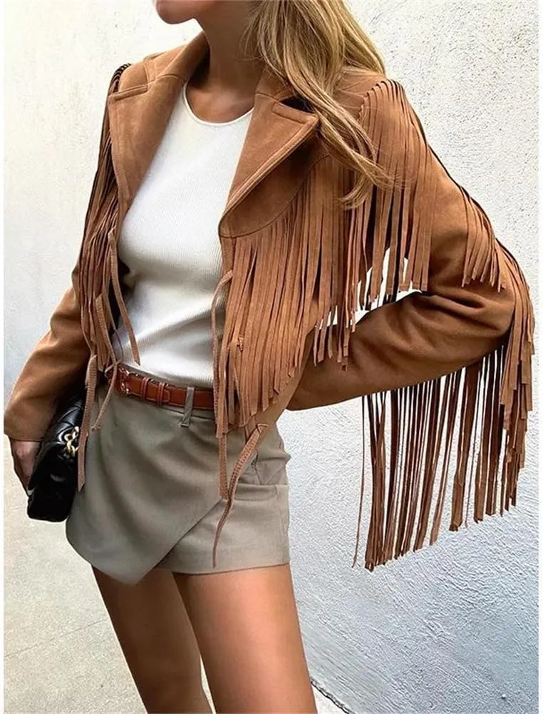 Womens Genuine Leather Short Jackets Lambskin Suede Fringed Tassel Lace Up Short Motorcycle Jackets