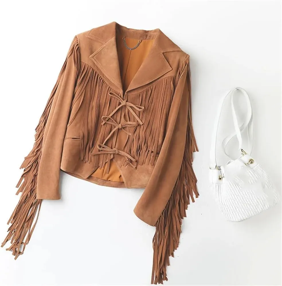 Womens Genuine Leather Short Jackets Lambskin Suede Fringed Tassel Lace Up Short Motorcycle Jackets