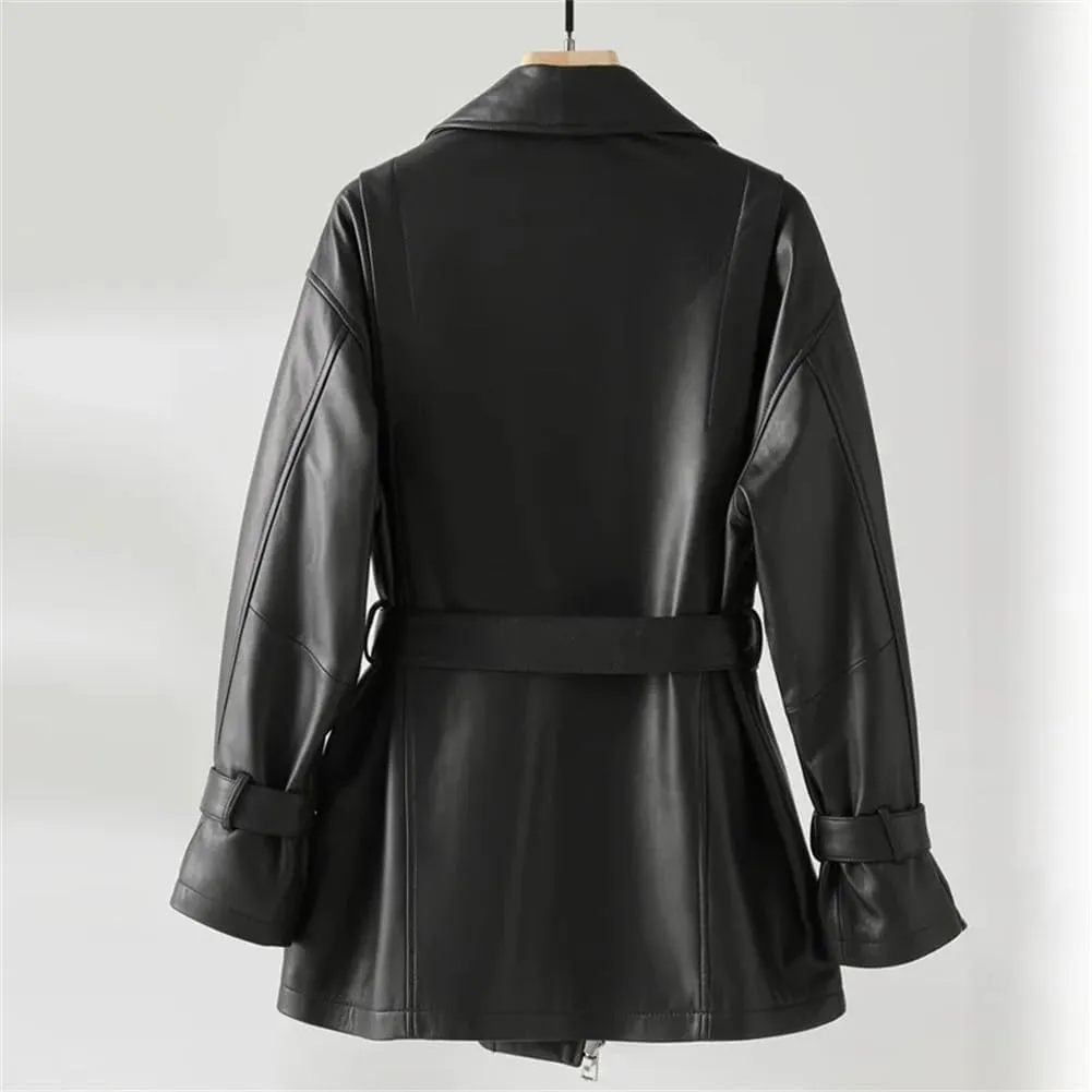Womens Genuine Leather Short Trenchcoat Diagonal Zipper Belt Motorcycle Leather Jackets