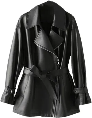 Womens Genuine Leather Short Trenchcoat Diagonal Zipper Belt Motorcycle Leather Jackets