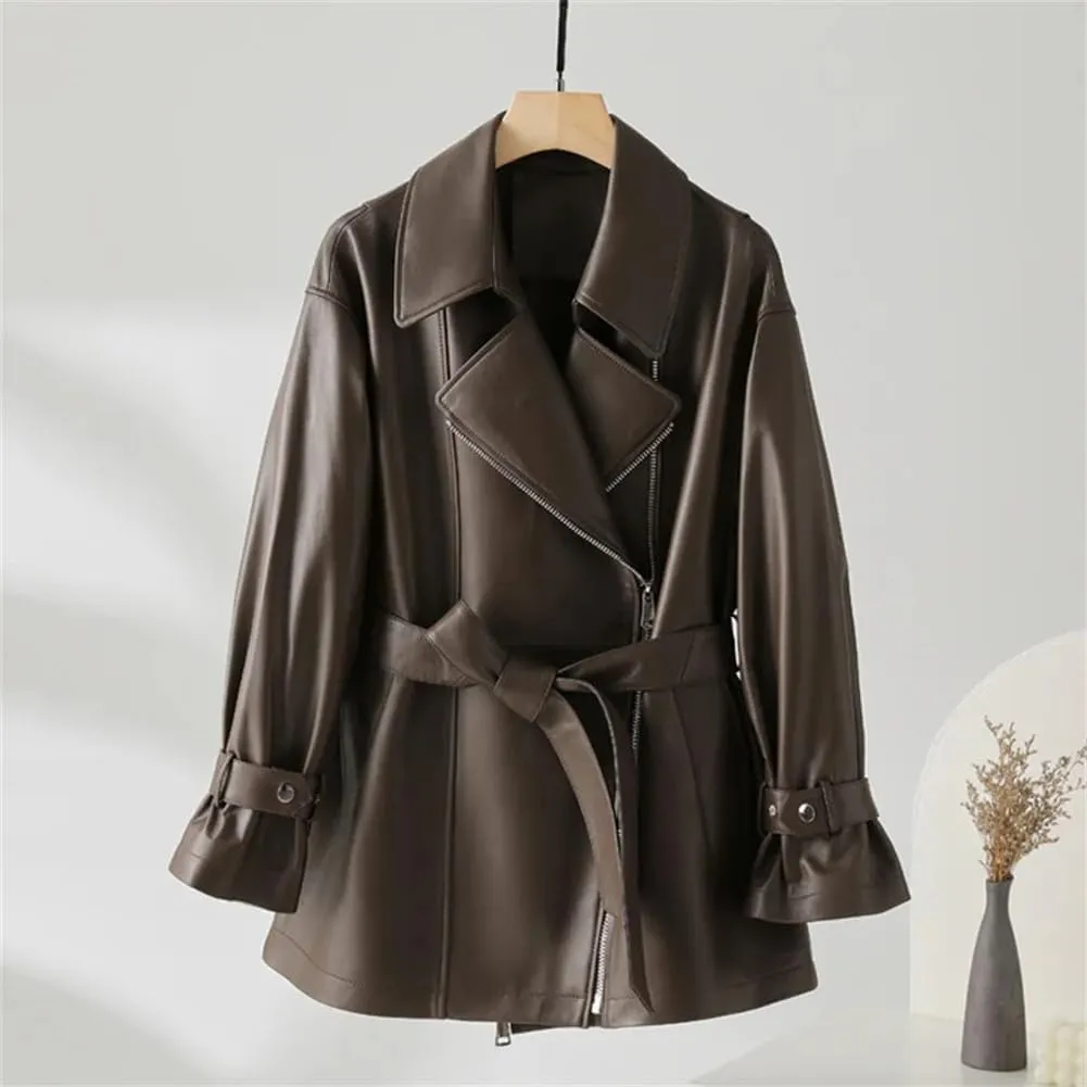 Womens Genuine Leather Short Trenchcoat Diagonal Zipper Belt Motorcycle Leather Jackets