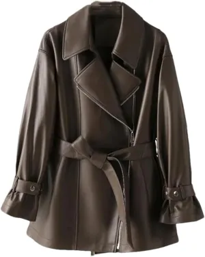 Womens Genuine Leather Short Trenchcoat Diagonal Zipper Belt Motorcycle Leather Jackets