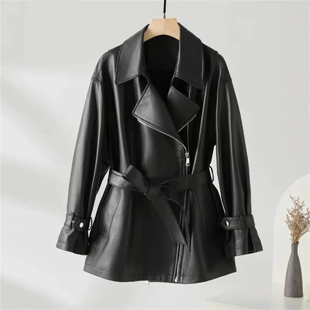 Womens Genuine Leather Short Trenchcoat Diagonal Zipper Belt Motorcycle Leather Jackets
