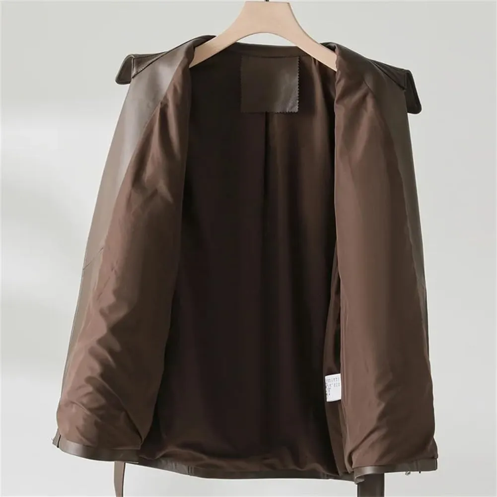 Womens Genuine Leather Short Trenchcoat Diagonal Zipper Belt Motorcycle Leather Jackets
