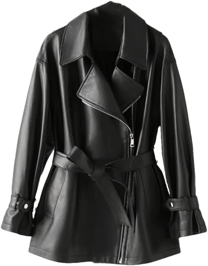 Womens Genuine Leather Short Trenchcoat Diagonal Zipper Belt Motorcycle Leather Jackets