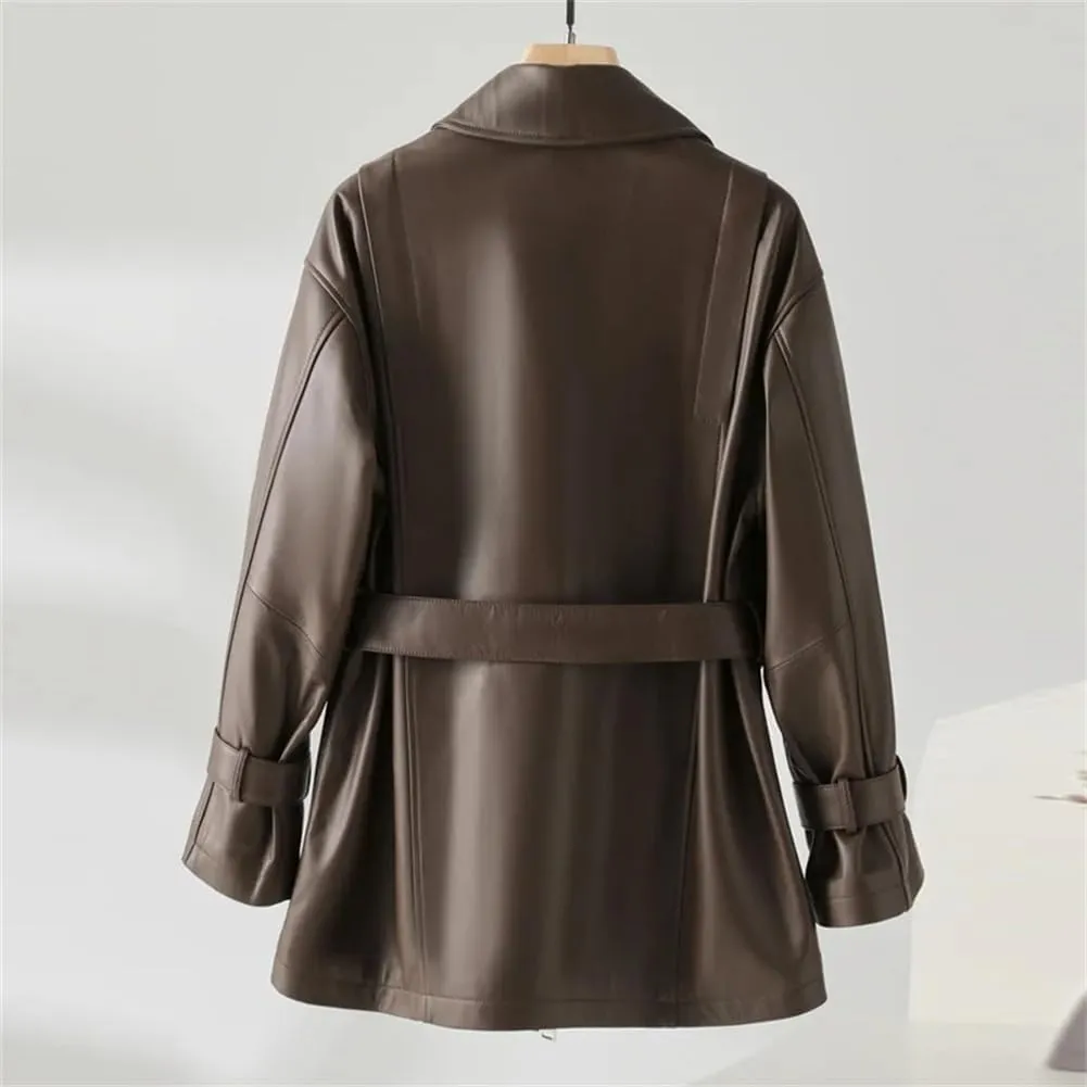 Womens Genuine Leather Short Trenchcoat Diagonal Zipper Belt Motorcycle Leather Jackets