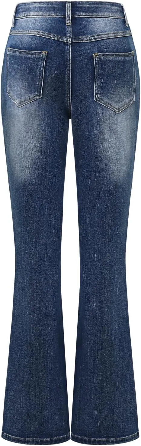 Women's High Waisted Slit Flared Jeans - Slim Fit Stretch Denim Comfort and Style